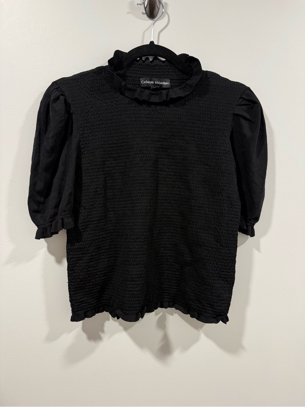 Catherine Malandrino Black Ruffled Mock Neck Puff Sleeve Blouse